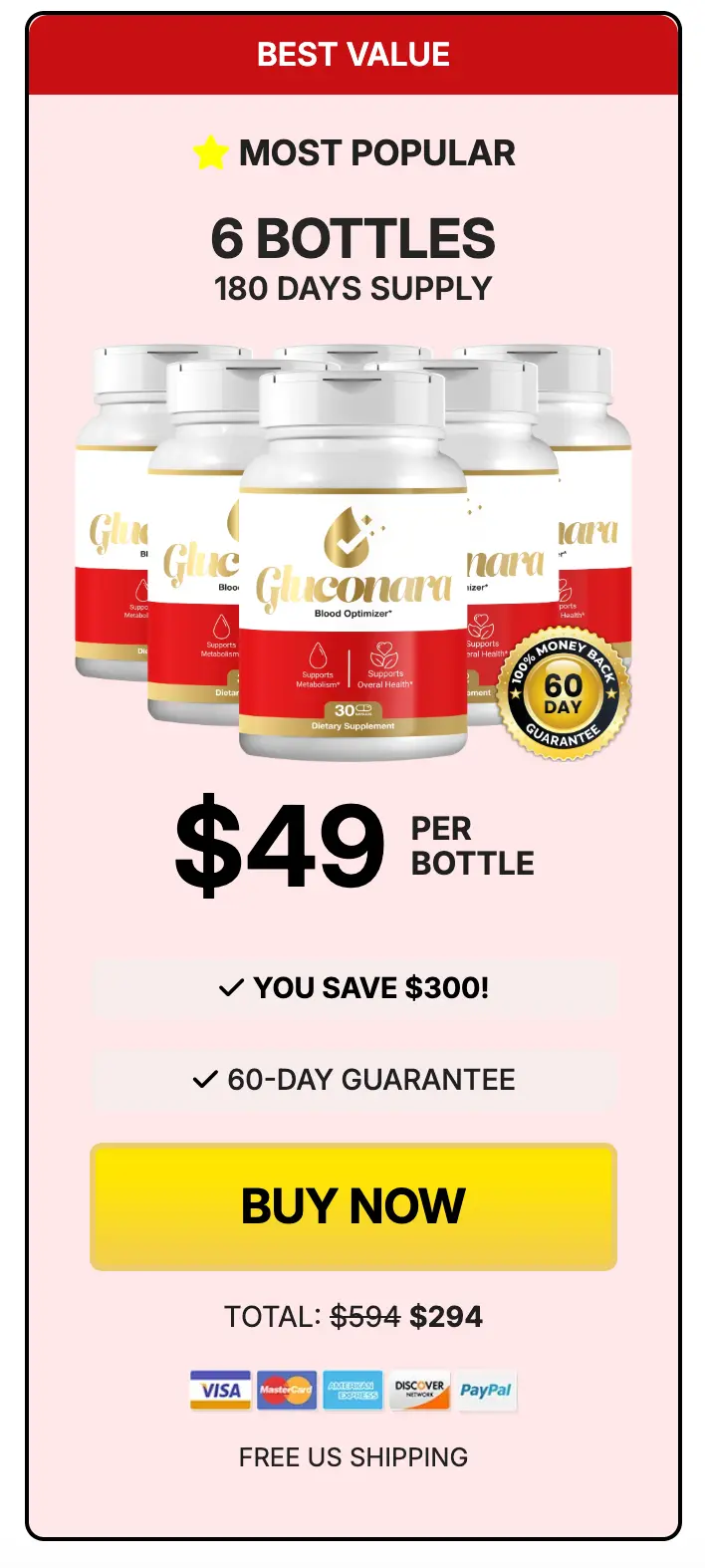 Gluconara 6-bottle package — 180-day supply, best value with free shipping